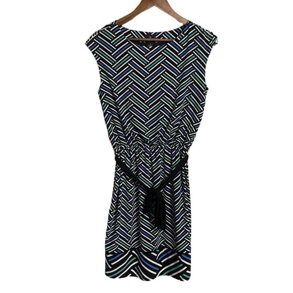 Worthington Womens Black Blue Chevron Striped Stretch Belted Career Dress Small - Picture 1 of 6
